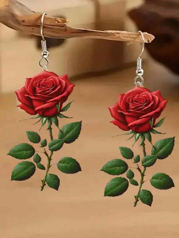 1 par de pendientes colgantes y con forma de rosa plana de acrílico 2D con ganchos de acero inoxidable para mujer, para el Día de la Madre, el Día de la Madre, o como regalo en cualquier temporada