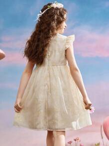 ASK JUNIOR Tween 女童春夏中国风旗袍领扣无袖多层网眼公主裙 - 米色 - 查看 5