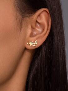 1 Pair Customized Stainless Steel Name Earrings, Elegant Personalized Ribbon Name Heart Shaped Earrings For Women, Suitable For Daily Wear, Wedding, Party Gifts, Available In Gold, Fashionable, Colorful, Ideal For Anniversary, Birthday, Graduation Ceremony, Prom, Party, School Supplies, Suitable For Teenagers, Middle School, High School, College Students - Gold - View 2