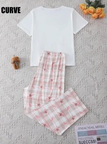 大码女士睡衣套装，可爱熊图案圆领短袖 T 恤 + 松紧腰格子裤带蝴蝶结装饰，2 件套，舒适面料，适合休闲或户外穿着 - 粉色 - 查看 2