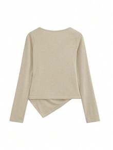 韩版不对称长袖T恤女秋冬修身层叠短款上衣温柔气质 - 杏色 - 查看 6