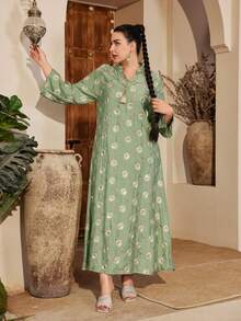 Ramadan Elegant Kaftan Dress For Women, Golden & Silver Beaded Embroidery Arabic Style V-Neck Tassels, Fresh Design, Spring/Summer 2025, Eid Al Adha - Green - View 8
