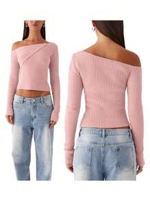 Women Knit Tops, Long Sleeve One-Shoulder Tops Button Closure Solid Fall T-Shirt - Pink - View 2
