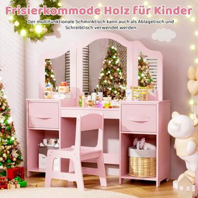 Tocador infantil de madera 108x30x114 cm, tocador infantil 2 en 1 con espejo extraíble, tocador para niñas, escritorio con taburete, tocador princesa
