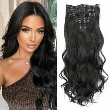 Extensiones de cabello sintético, set de 7 piezas con 16 clips, de color marrón mezclado con rubio, ondulado largo, resistente al calor, para uso diario, de fiesta y vacaciones de las mujeres