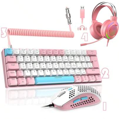 ZIYOULANG 60% Wired Mechanical Keyboard &Mouse &Headset Combo+Coiled USB C Cable, Compact RGB LED Backlit Keyboard, Clicky Blue Switch, 6400 DPI Programmable RGB Mouse For PC Ma C Gamer