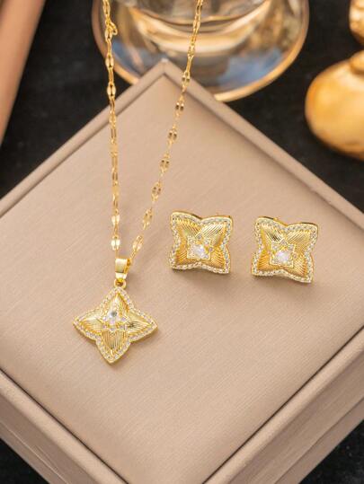 一套不锈钢四叶草花朵首饰套装，创意设计简约奢华优雅经典时尚休闲，适合情人节、斋月、节日、日常佩戴、派对、送礼（OPP袋包装盒仅供拍摄使用）