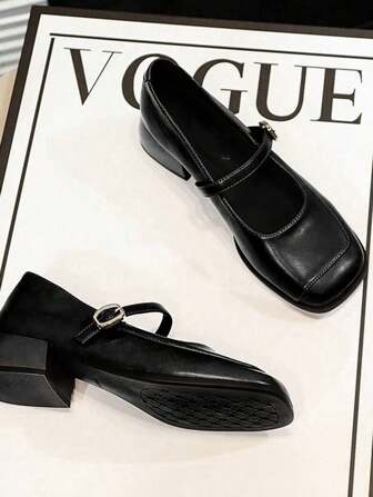 复古软皮玛丽珍鞋，粗跟，英伦风黑色中跟密趾平底鞋