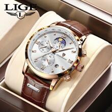 LIGE Men's Watch Luxury Sports Quartz Watch Chronograph Watch For Men Men Men Gift - Brown - View 2