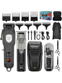 HIENA 4pcs Black Cordless Hair Clipper Men's Beauty Set, With Hair Cutting, Shaving, Trimming Nose Hair, USB Charging, Portable Bag Design, It Is The Best Gift For Him