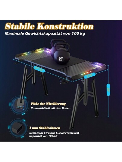 LILIIN Gaming Computer Bureau Carbon Fiber Surface Stable, M/Z/X Frame, 120cm/140cm/160cm, LED/ out LED, Tafel Ergonomic, Cup Holder Headphone Hook,