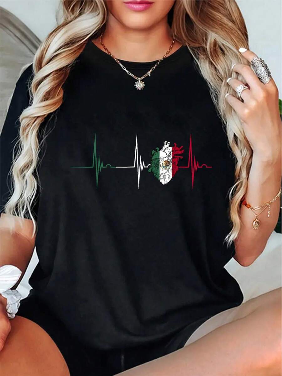 100% Cotton Mexico Heart Mexico Flag Heartbeat EKG Pulse Mexican Pride T-Shirt - Black - View 1