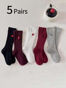5pairs/10pairs Heart & Bow Embroidered Long Tube Socks For Girls, Adorable Children Mid-Calf Stockings
