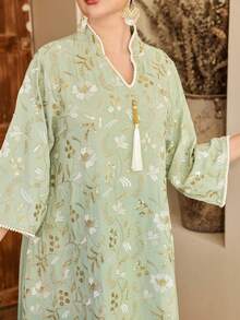 优雅刺绣串珠阿拉伯女式连衣裙 JALABIA 带流苏，彩色花卉 V 领时尚设计，适合斋月和宰牲节 2025 年春夏