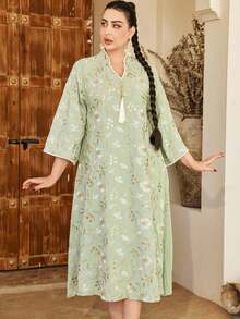 优雅刺绣串珠阿拉伯女式连衣裙 JALABIA 带流苏，彩色花卉 V 领时尚设计，适合斋月和宰牲节 2025 年春夏