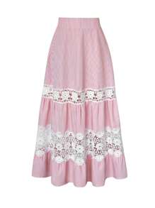 Women's Pink Striped Patchwork Hollow Embroidery Design Skirt, Versatile & Sweet
