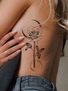 1 vel groot formaat onder de borst dijbeenbanden body art tijdelijke tattoo stickers voor vrouwen, zwarte eenvoudige lijnstijl maanroos bloemenpatroon, waterdichte nep-tatoeage, duurt 2-5 dagen, bedekt littekens, kan worden gebruikt op armen pols schouders benen taille nek hand borst dijen