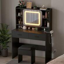 Vanity Desk With Sliding Mirror, Makeup Desk And Stool With Lights In 3 Colors, Girls Vanity Table With Charging Station, 2 Drawers & Storage Shelves For Bedroom - 黑色 - 查看 2