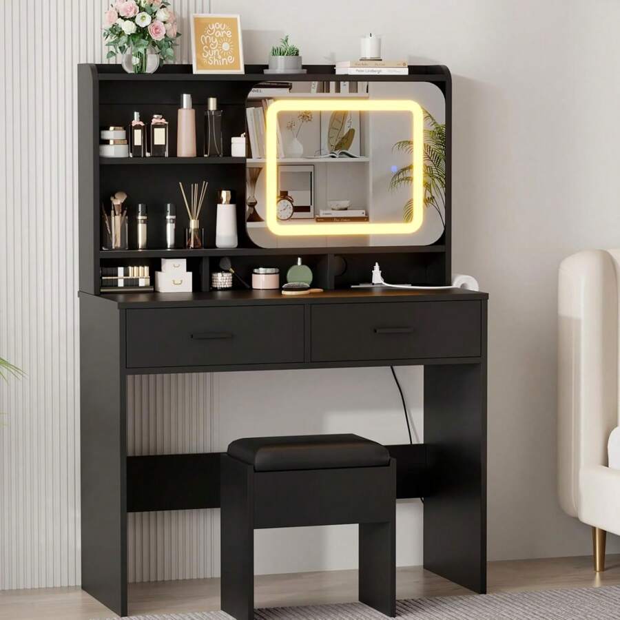 Vanity Desk With Sliding Mirror, Makeup Desk And Stool With Lights In 3 Colors, Girls Vanity Table With Charging Station, 2 Drawers & Storage Shelves For Bedroom - 黑色 - 查看 1