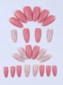 24 片长小杏仁形彩绘指甲，含 1 个指甲锉和 1 个果冻凝胶按压指甲，美甲用品，指甲 - 粉色 - 查看 2