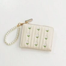 Carteira Feminina Simples de Dobra Dupla Estilosa e Fofa, com Bordado, Compartimento para Moedas e Cartões, Atacado Dia dos Namorados para Mulheres, Carteira, Bolsa, Carteira Pequena