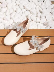 可爱甜美的蝴蝶、花朵、珍珠装饰女童平底鞋，春夏 - 白色 - 查看 2