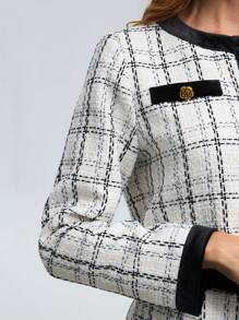 Women's Elegant Casual Tweed Jacket, Black & White Mixed Color Woven Plaid Pattern, Round Neck Long Sleeve