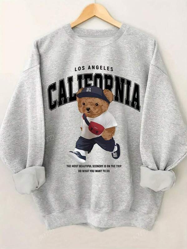 Felpa oversize da donna con scollo a equipaggio, maniche lunghe, con stampa dell'orso della California