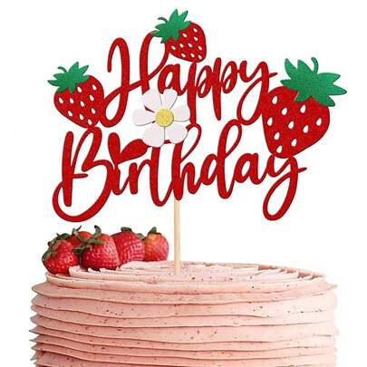 1buc Topper Tort Căpșuni La Mulți Ani Cu sclipici Floare Fructe Tema Zile de Naștere Berry Tort Pick Decoratiuni Pentru Căpșuni Tema pentru petrecere de aniversare Decoratiuni pentru Tort