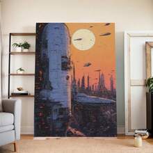 Futuristic Cityscape And Spaceship Canvas Art, Wall Art, Christmas Decoration For Home, Office, Dorm- Modern Technology Theme, Unique Design, Wrapped Canvas - Canvas Painting - View 1