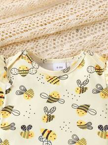 两件套女婴休闲可爱蜜蜂印花连体衣和蜜蜂印花吊带裙，适合外出和日常穿着，夏季 - 黃色 - 查看 4