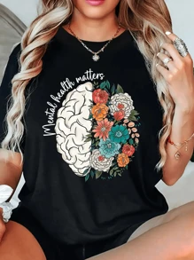 Mental Health Matters Printed Women's T-Shirt, Casual Short Sleeve Round Neck, Soft And Comfortable Top - màu đen - Xem 1