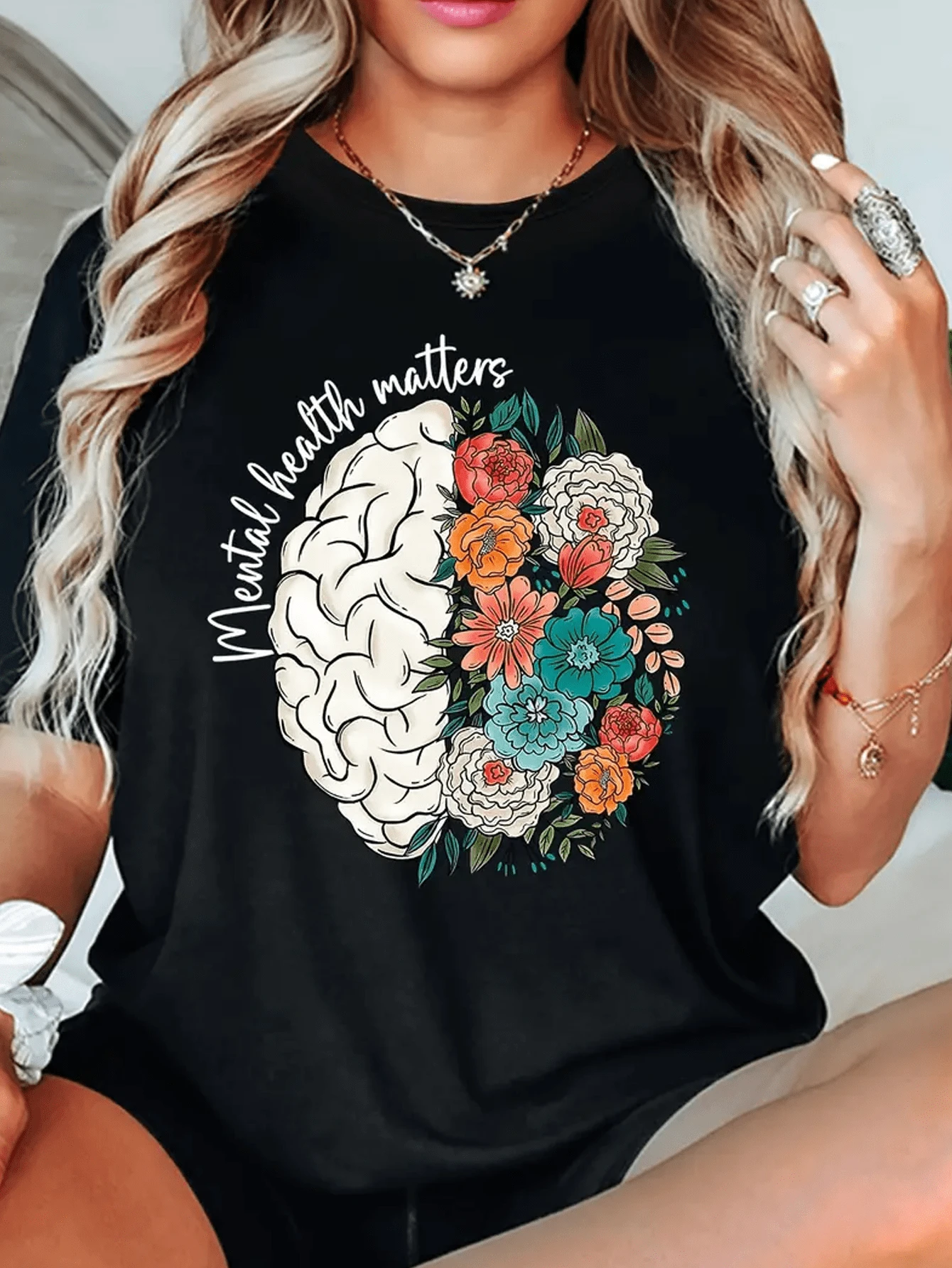 Mental Health Matters Printed Women's T-Shirt, Casual Short Sleeve Round Neck, Soft And Comfortable Top - màu đen - Xem 1