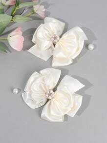 2PCS Elegant Bow Hair Clips For Girls White Satin Haipin For Kids, Pearl Decor Alligator Barrettes Hair Accessories