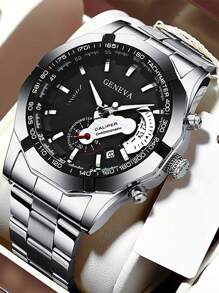 Montre à quartz pour hommes avec grand cadran et bracelet en acier, pour usage professionnel et décontracté