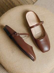 Women's Fashion Square Toe Slip-On Casual Shoes, Brown Color, Versatile For Office, Outdoor Activities, Spring & Autumn, High-End Quality Mary Jane Flat Mules - 棕色 - 查看 6