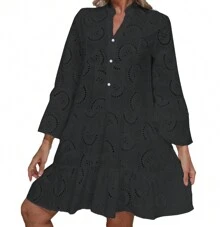 Hollow Elegant Dresses For Women Solid V Neck Flared Sleeve Vintage Cocktail Dresses Loose Casual Shirt Dress - 黑色 - 查看 3