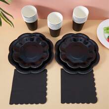 Black Octagonal Petal Disposable Tableware Set, Suitable For Holiday Parties And Group Dining - Black - View 3
