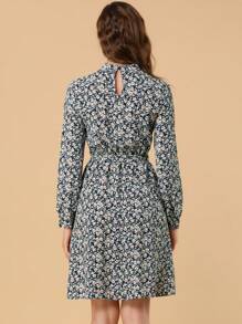 Women's Mock Neck Swing Knee Length Long Sleeve A-Line Spring Floral Dress