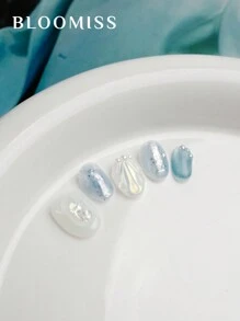 10 Pieces Of Handcrafted Press On Nails Short , Blue Nails , Shell Pattern, Summer Nails, Reusable Fake Nails Nail Supplies Nails