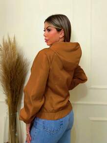 Women's Bomber Jacket Lined Colorful With Hood, Pocket And Zip - Óxido marrón - Ver 2