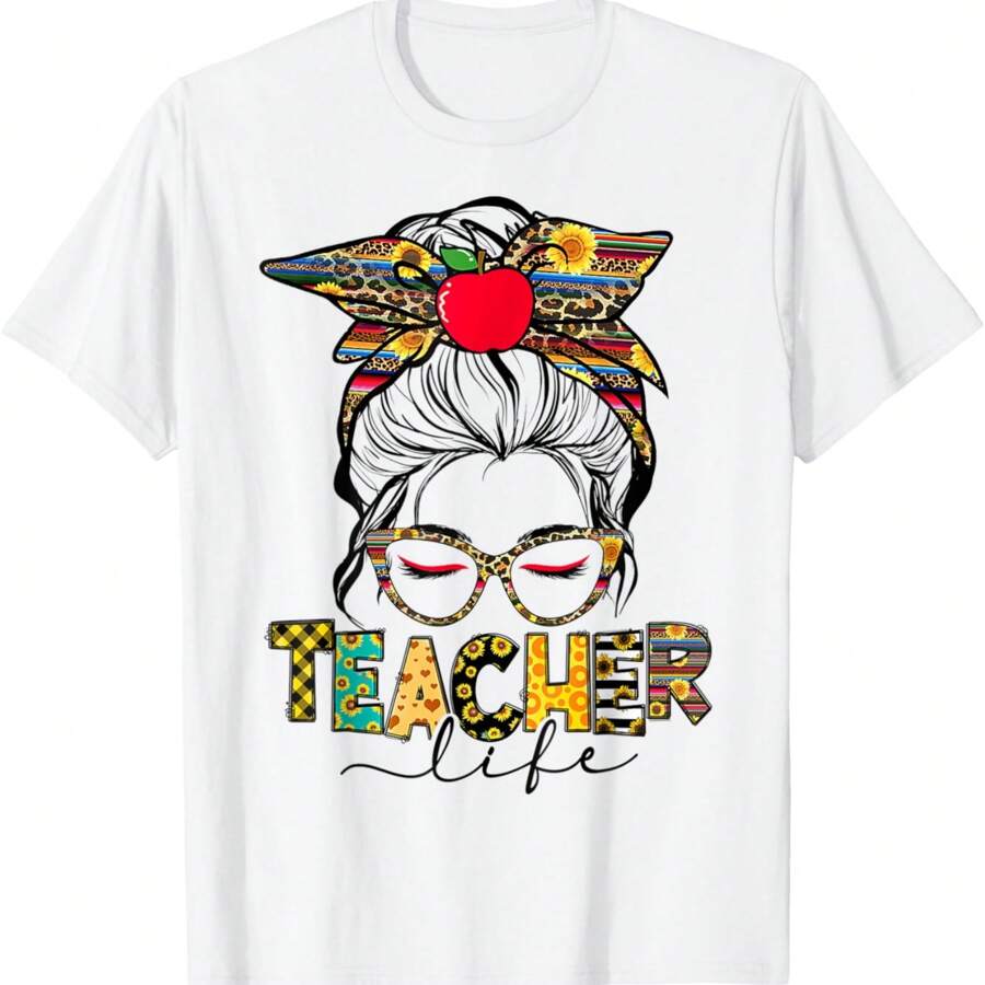 Womens Teacher Life Leopard Messy Bun Hair Back To School T-Shirt - White - View 1
