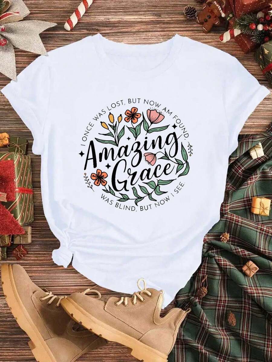 Amazing Grace Tshir, Women's Stylish Crew Neck Women's Casual Round Neck Short Sleeve,Suitable For All Seasons - trắng - Xem 1