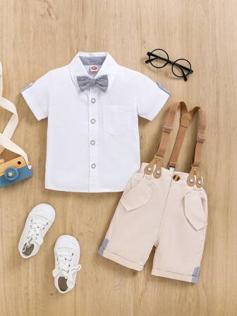 2件套年轻男童前扣短袖简约衬衫和吊带裤套装