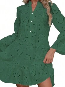 Hollow Elegant Dresses For Women Solid V Neck Flared Sleeve Vintage Cocktail Dresses Loose Casual Shirt Dress - 墨綠色 - 查看 4