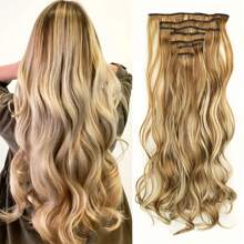 Extensiones de cabello sintético, set de 7 piezas con 16 clips, de color marrón mezclado con rubio, ondulado largo, resistente al calor, para uso diario, de fiesta y vacaciones de las mujeres
