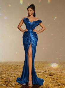 Smilprince Un elegante y lujoso vestido de noche de satén brillante con un hombro, escote de corazón, cintura fruncida y abertura alta en la falda para fiestas formales y bailes - Azul Marino - Ver 6