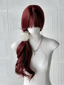 带刘海的勃艮第假发 女士红色长假发 24 英寸卷发 自然外观 耐热纤维假发 适合女孩万圣节派对使用 - 酒紅色 - 查看 5