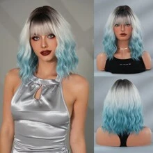 AKAKO 渐变灰蓝色短卷发假发，女士 14 英寸波浪波波头假发，带刘海，合成耐热纤维假发，适合派对角色扮演万圣节、黑暗摇滚、音乐节街头嘻哈 Y2K 风格服装假发 - 漸層藍色 - 查看 11