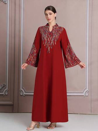 Bata bordada roja, bata modesta de estilo retro bordada, kaftan abaya con cuentas de Dubái, ropa de mujer talla grande BC4612 (personalizado)